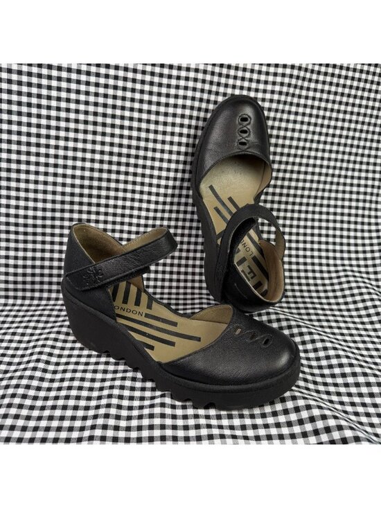 FLY London Shoes - Fly London BISO305FLY Black Leather Mary Jane Wedge Sandals Size EU 37 US 6.5